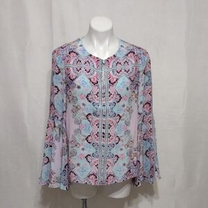 Nanette Lepore Silk Floral Print Split Bell Sleeve Top L Designer Chic Elegant
